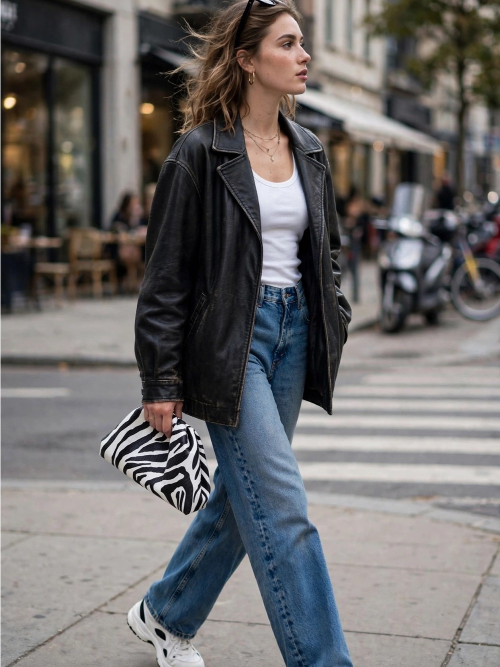 Zebra Print Foldover Clutch Bag - Black & White
